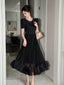 Black Pearl-Trim Lace Puff Sleeve Fit-and-Flare Midi Dress