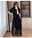 Black Round Neck Short Sleeve Lace Maxi Dress