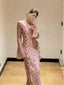 Pink Riviera Ruffle Print Long Sleeve Sheath Maxi Dress