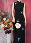 Black Mandarin Collar Butterfly Embroidered Side Slit Midi Dress