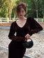 Coffee Velvet Ruched V Neck Long Sleeve Bodycon Maxi Dress