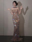 Champagne Mesh Sequin Appliqué Strapless Mermaid Maxi Dress