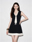 Black V Neck Bow Tie Sleeveless Pleated Hem Mini Dress