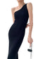 Black Minimalist One Shoulder Asymmetric Sheath Maxi Dress