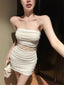 White Strapless Ruched Mesh Cutout Bodycon Mini Dress