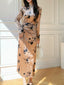 Coffee Floral Velvet Mandarin Collar Sheath Midi Dress