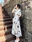 White Floral Print V Neck Belted A-Line Maxi Dress