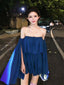 Blue Off Shoulder Cape Sleeve Tie Waist Mini Dress