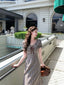 Coffee Brown Gingham Puff Sleeve Bow A-Line Maxi Dress