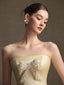 Pale Yellow Strapless Rhinestone Bow Bubble Mini Dress