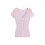 White/Pink/Brown Knit V - Neck Twist Cutout Short Sleeve Fitted Top - EveningVerse - 12