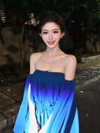 Blue Off Shoulder Cape Sleeve Tie Waist Mini Dress