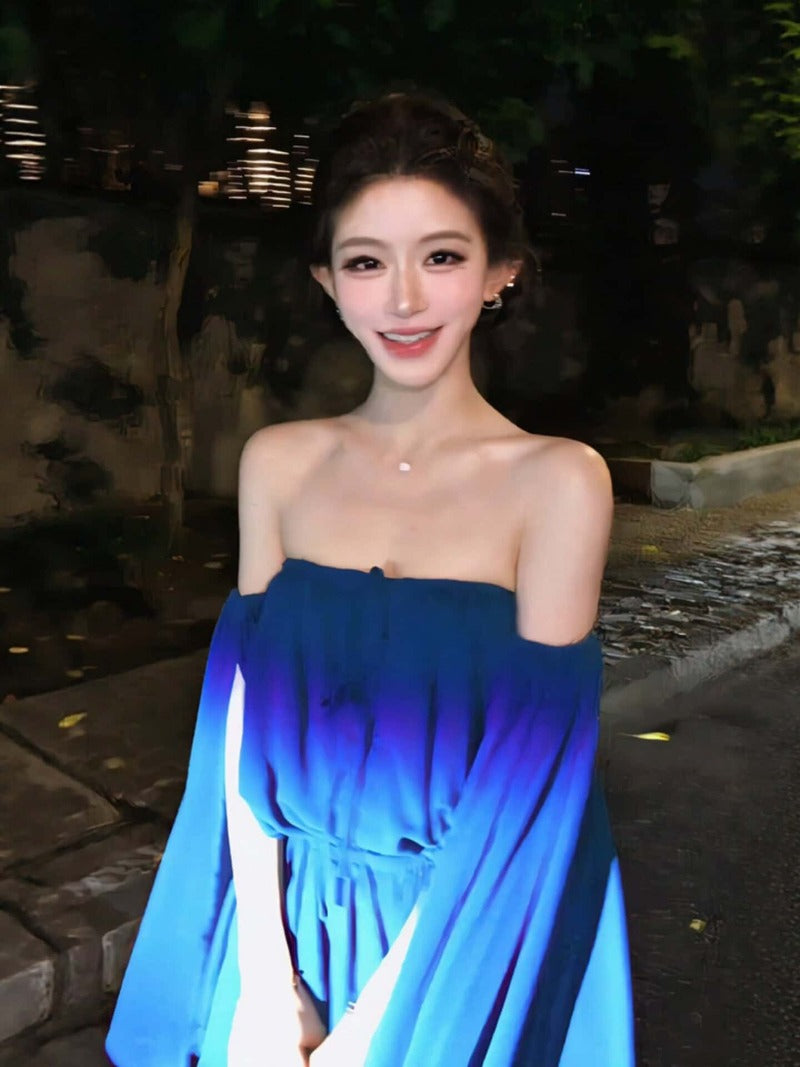 Blue Off Shoulder Cape Sleeve Tie Waist Mini Dress