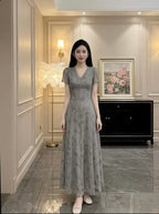 Draped V Neck Lace Sleeve Bodycon Maxi Dress
