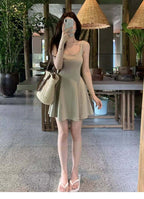 Navy/Green/Grey/Black Square Neck Sleeveless A Line Mini Dress