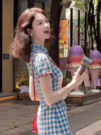 Chinese Style Blue Gingham Mandarin Collar Short Sleeve Mini Dress