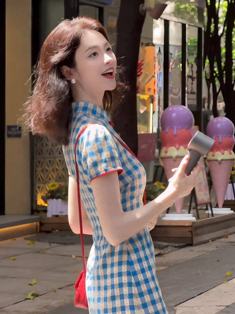 Chinese Style Blue Gingham Mandarin Collar Short Sleeve Mini Dress
