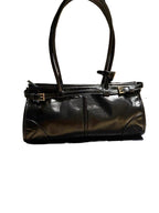 Black Glossy Shoulder Bag with Buckle Detail