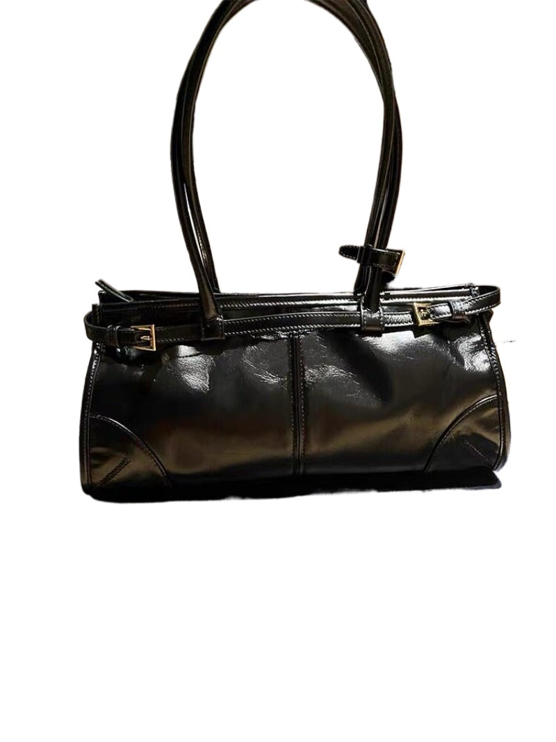 Black Glossy Shoulder Bag with Buckle Detail