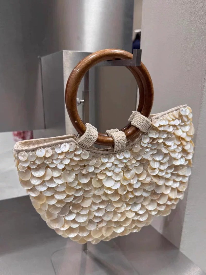 Ivory Shell Detail Evening Bag with Ring Handle
