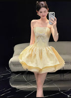 Pale Yellow Strapless Rhinestone Bow Bubble Mini Dress