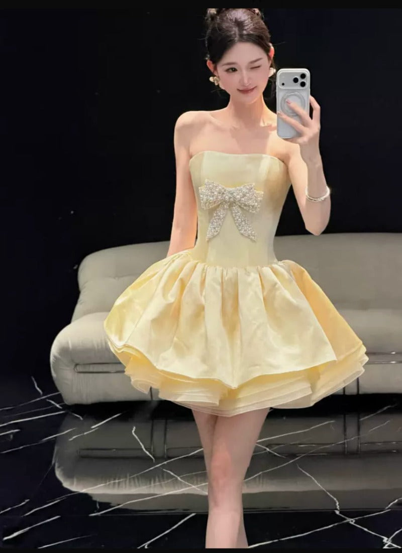 Pale Yellow Strapless Rhinestone Bow Bubble Mini Dress