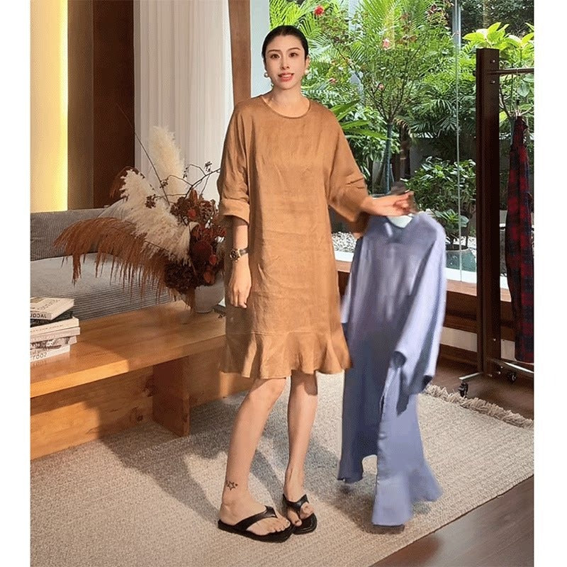 Linen Round Neck Fishtail Hem Midi Dress