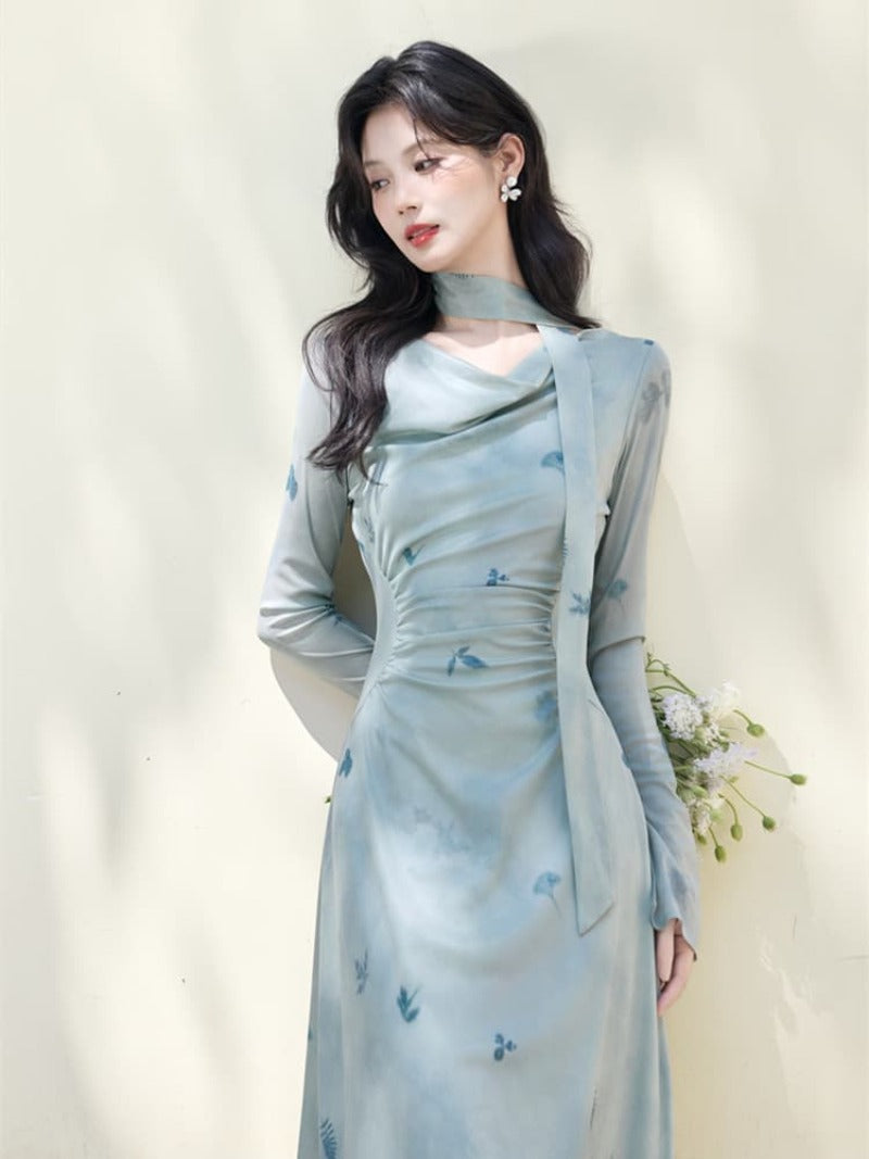 Light Blue Scarf Cowl Neck Bell Sleeve A-Line Maxi Dress
