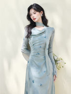 Light Blue Scarf Cowl Neck Bell Sleeve A-Line Maxi Dress