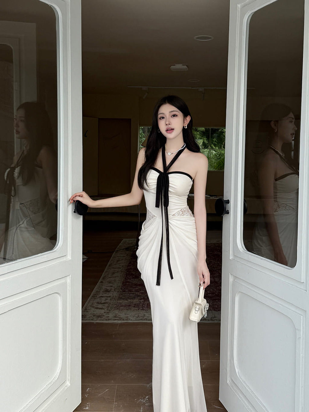 White Contrast Halter Lace-Inset Maxi Dress
