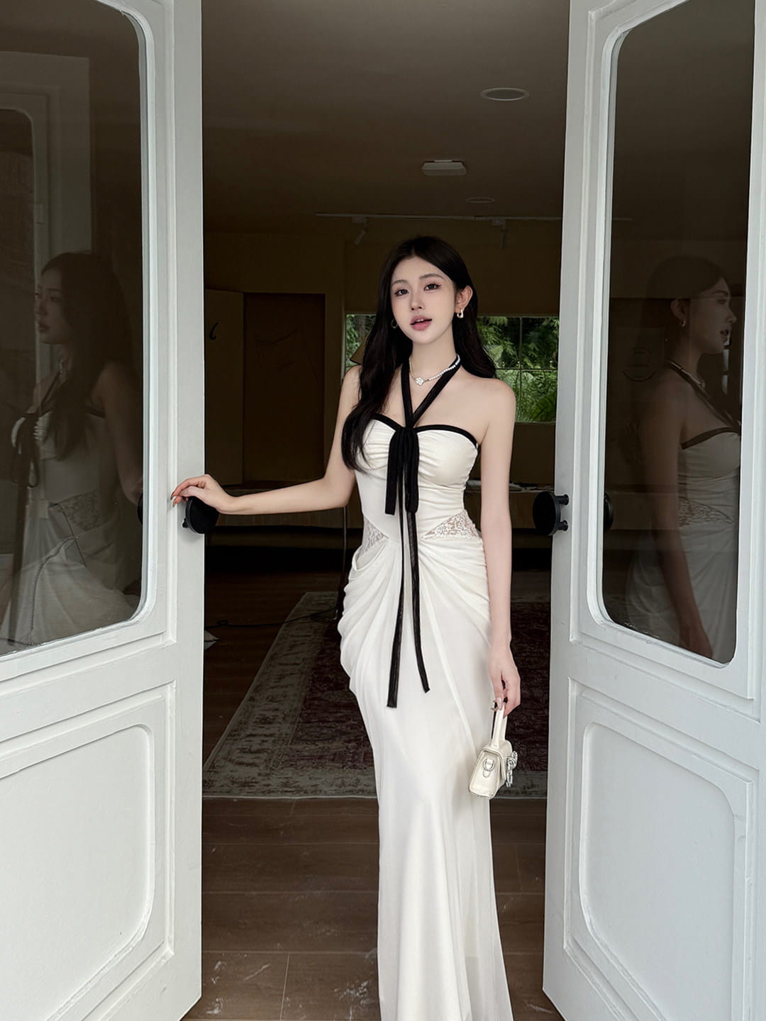 White Contrast Halter Lace-Inset Maxi Dress