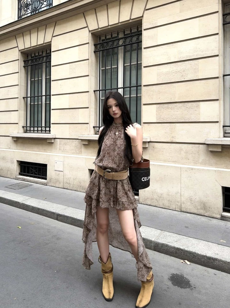 Desert Muse Brown Snake Print High-Low Halter Dress