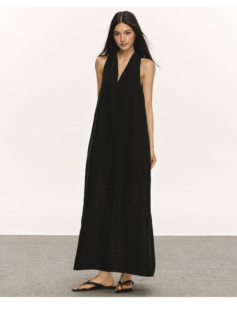Lyocell Linen V Neck Sleeveless A-Line Maxi Dress