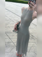 Gray Halter Pleated Sleeveless Bodycon Midi Dress