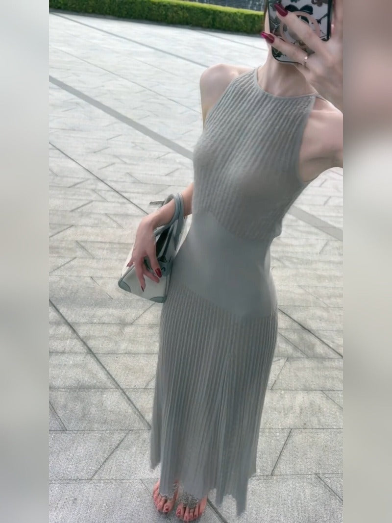 Gray Halter Pleated Sleeveless Bodycon Midi Dress
