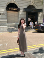 Coffee Brown Gingham Puff Sleeve Bow A-Line Maxi Dress