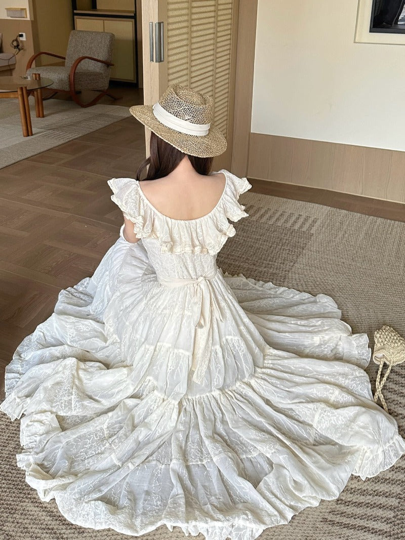 Ivory Ruffle Neck Embroidered Tiered Maxi Dress