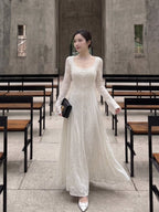 Ivory Romance Square Neck Lace Fit-and-Flare Maxi Dress