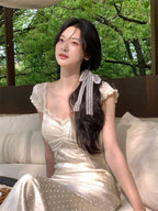 Champagne Lace-Trim V-Neck Fitted Maxi Dress
