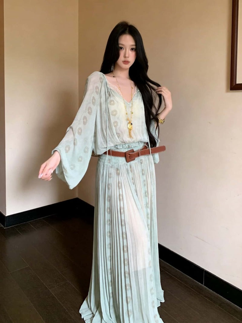 Mint Green V-Neck Long Sleeve Maxi Dress