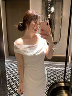 Plus Size White Lace Trim Off Shoulder Ruched Midi Dress