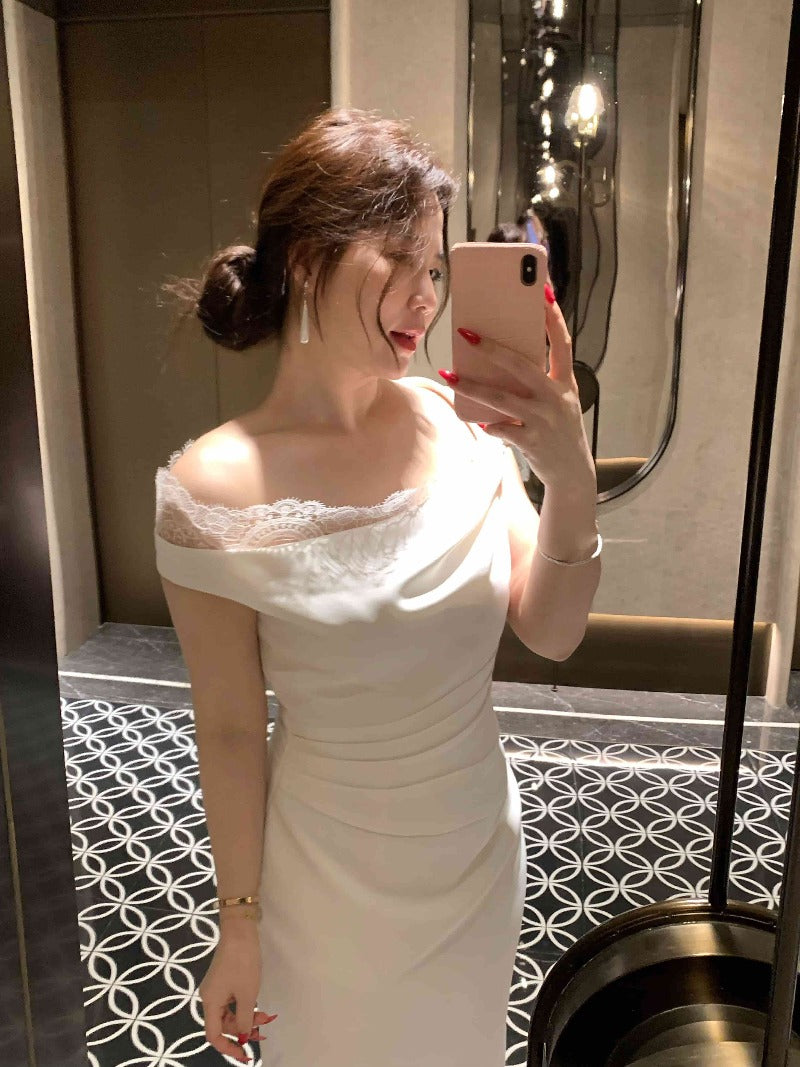 Plus Size White Lace Trim Off Shoulder Ruched Midi Dress