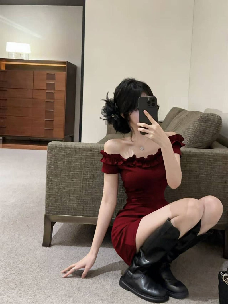 Burgundy/Black Off Shoulder Ruffle Bodycon Mini Dress Secondary image