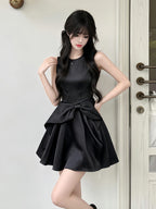 Black Satin Bow Waist Sleeveless A-Line Mini Dress