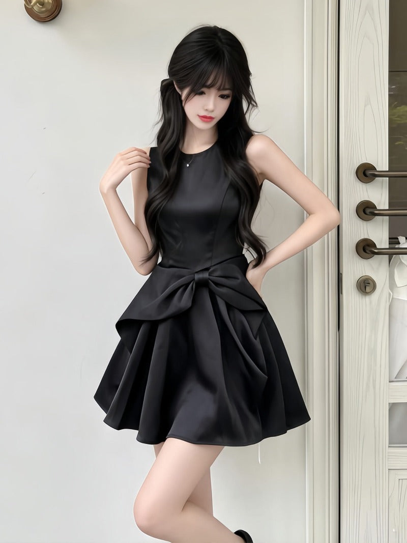 Black Satin Bow Waist Sleeveless A-Line Mini Dress