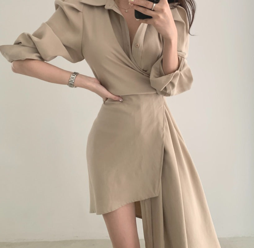 Apricot/Black Collared Wrap Asymmetric Hem Shirt Dress