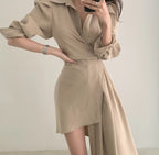 Apricot/Black Collared Wrap Asymmetric Hem Shirt Dress