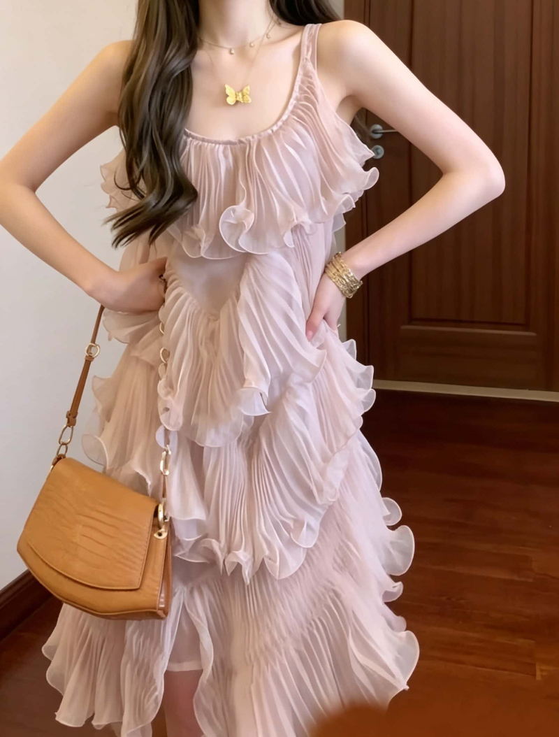 Blush Pleated Ruffle Tiered A-Line Mini Dress
