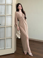 Khaki V Neck Knot Draped Long Sleeve Maxi Dress