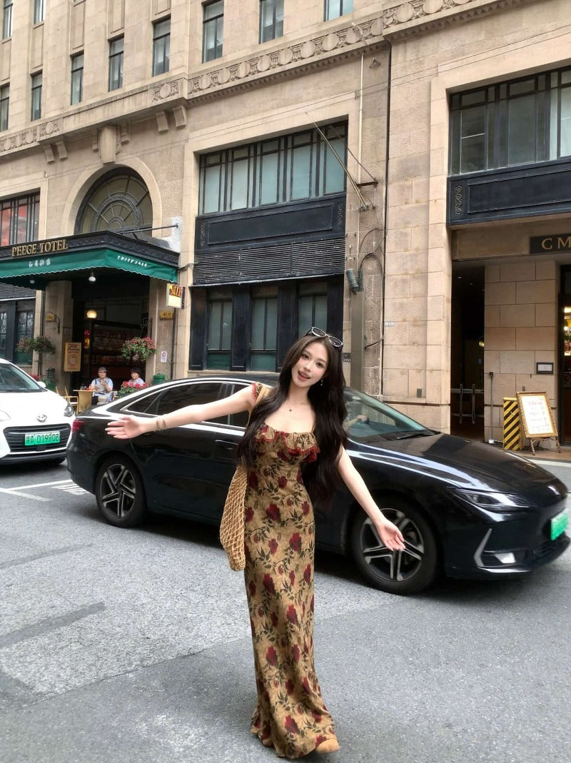 Brown Rose Print Ruffle Neck Spaghetti Strap Maxi Dress